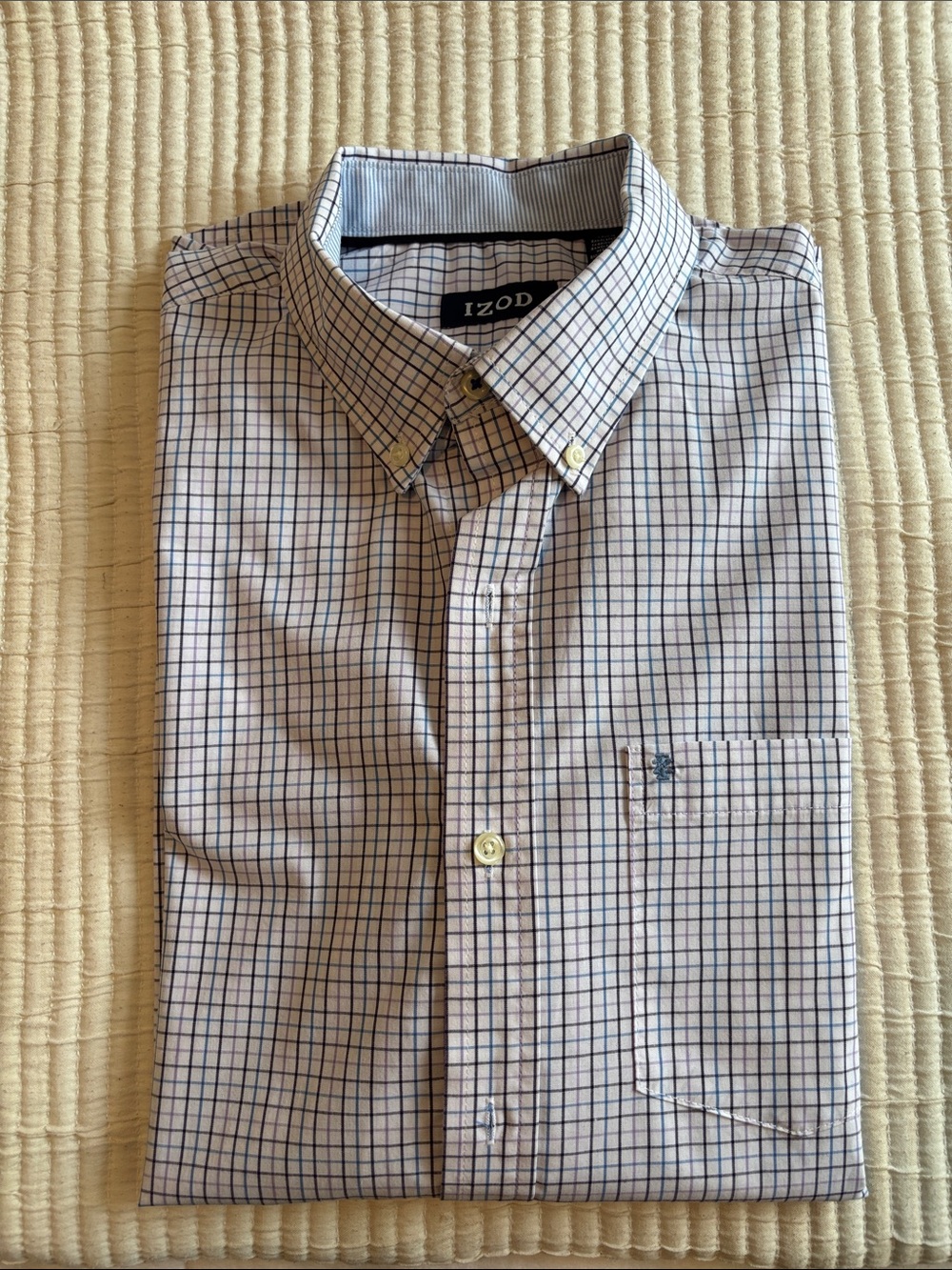 Izod White Button-Down Shirt with Blue and Purple Plaid Grid